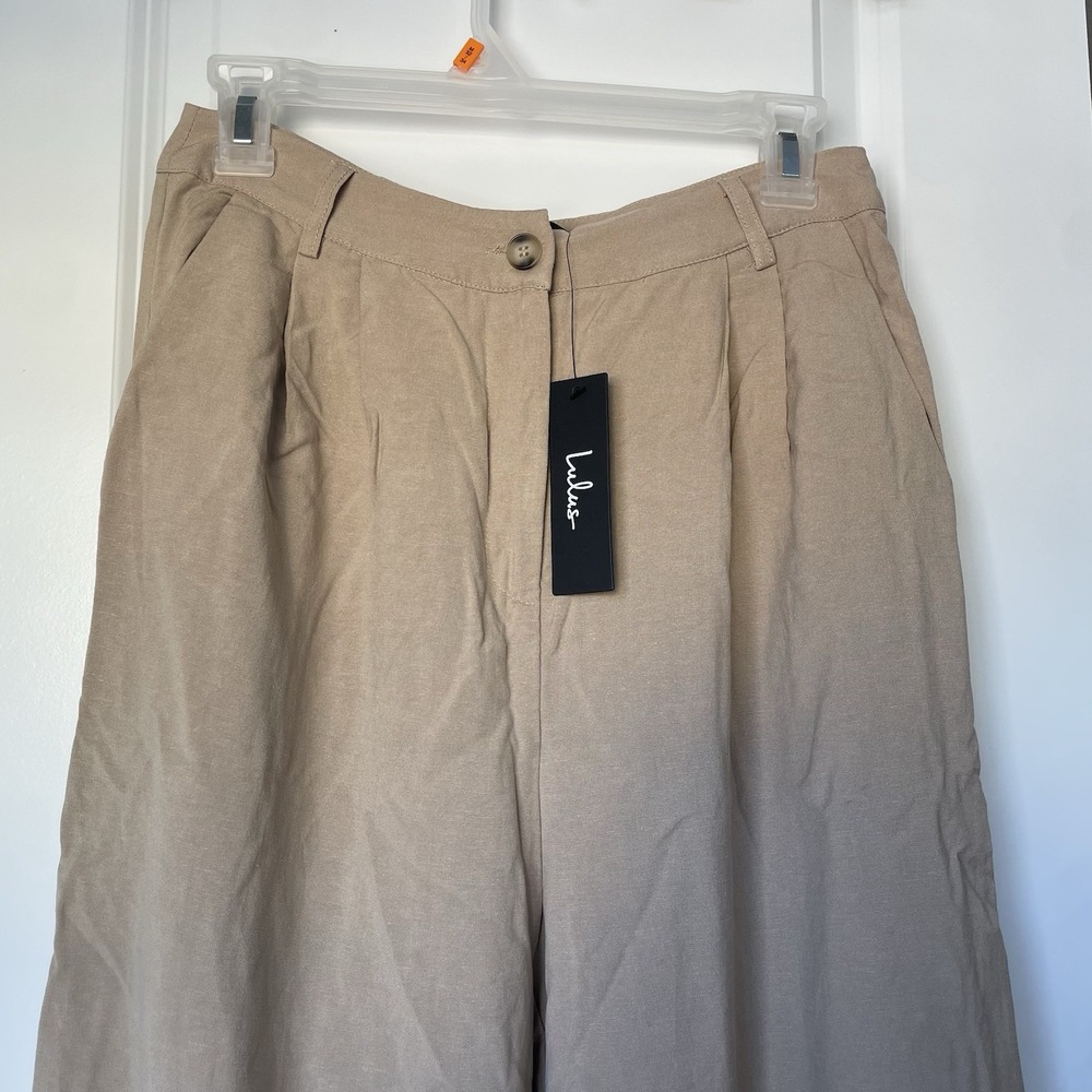 Lulus Tan Linen Blend Wide Leg Pleated Trousers High Waisted Pants Small NWT - Picture 3 of 11